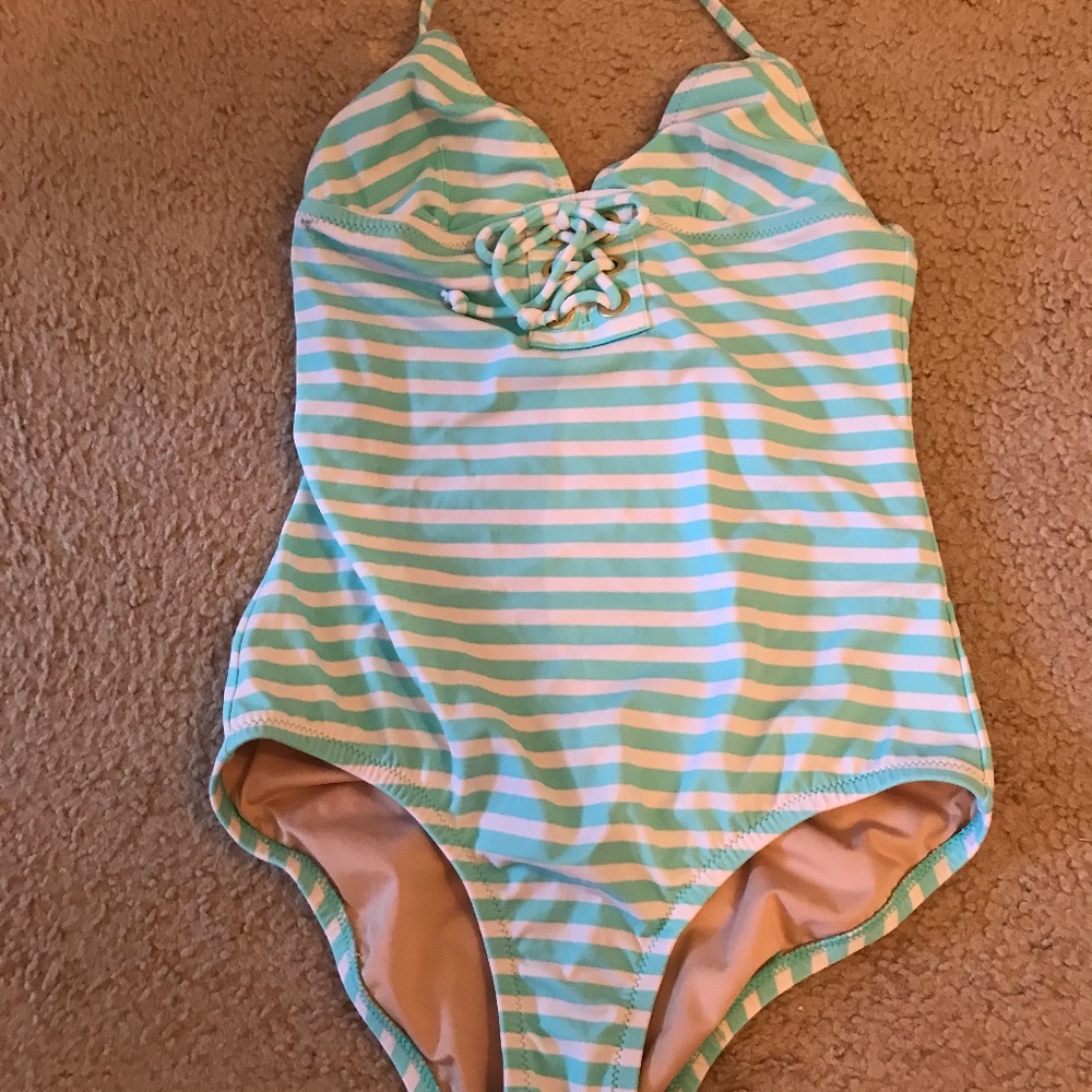 J.CREW SAILOR-STRIPE LACE-UP ONE-PIECE SWIMSUIT SI